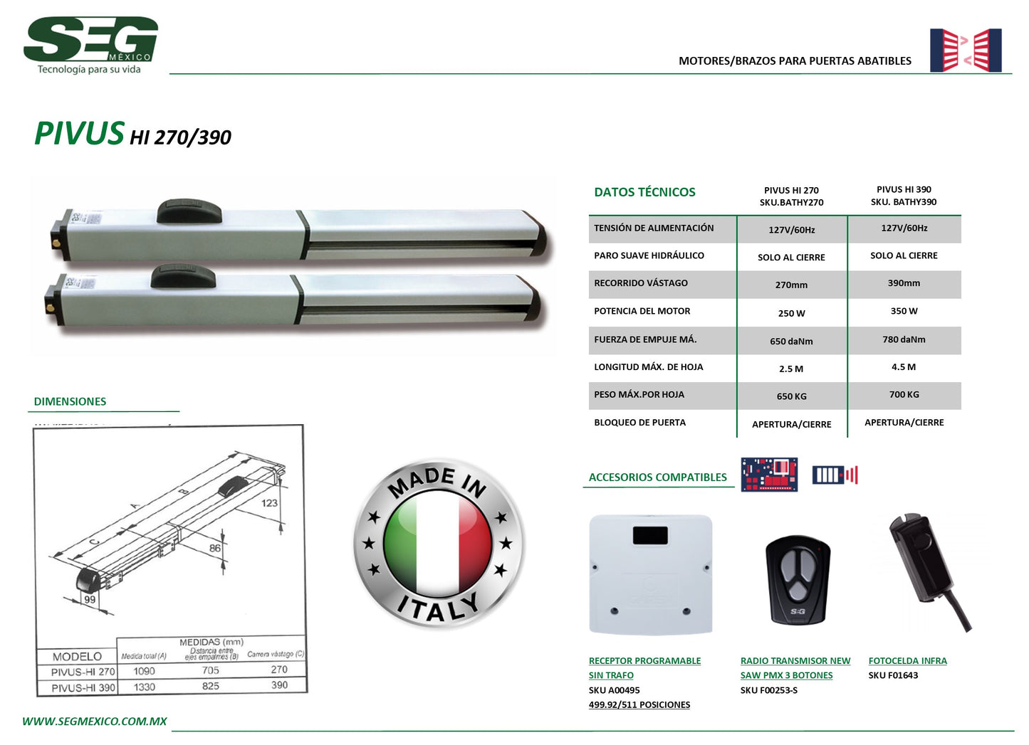 PISTONES SEG PIVUS 270 BRAZO CORTO HIDRAULICOS 2 HOJAS 3 MTS CADA HOJA 400 KG