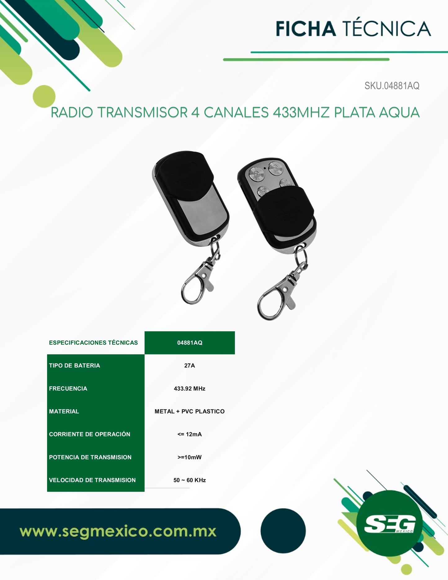 CONTROL SEG AQUA DE LLAVERO 433 MHZ